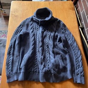 L.L. Bean Women's Blue Cable Knit Funnel Neck Sweater